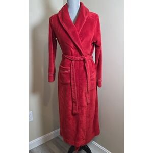 Victoria's Secret Red Plush Fleece Robe Long Shawl Collar Belted S/M FLAW